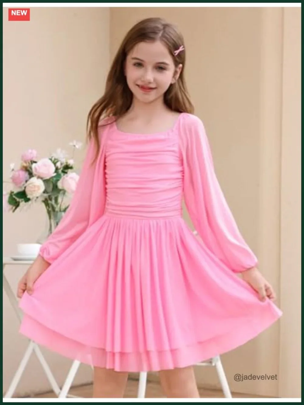 Girls Long Sleeve Formal Dress Ruched Flowy Birthday Party Prom